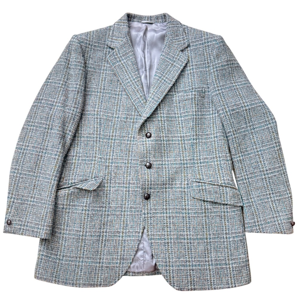 Harris Tweed Dunn & Co Mens Grey Blue Plaid Wool Blazer Sport Coat Vintage 44R